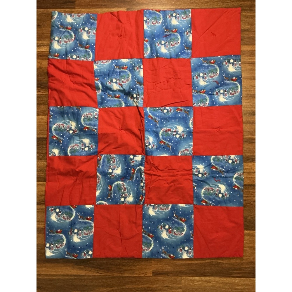 Handmade By Poetry United Methodist Church Red/Blue Christmas Tie Quilt 42 X 33"